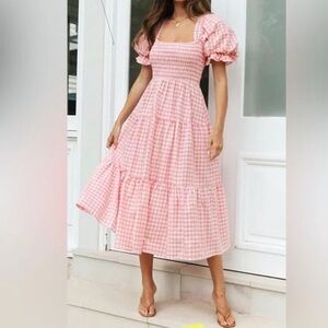 Pink square neck puff sleeve gingham smocked bodice milkmaid cottagecore dress